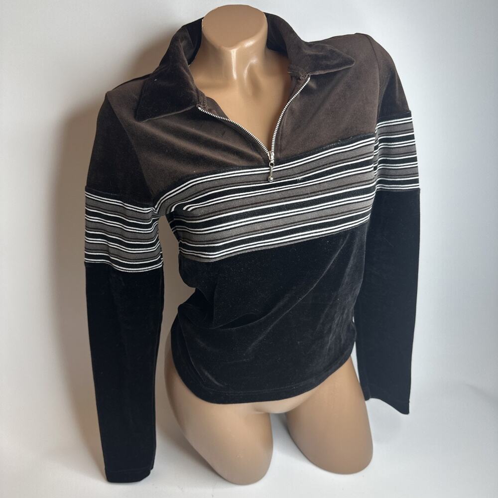 Vintage Energie Womens Medium Y2K Striped Velour Collared Quarter Zip Top Brown